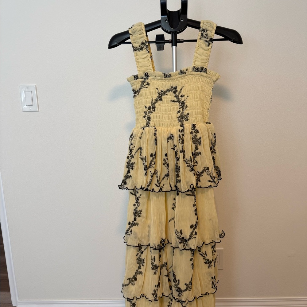 Ganni Yellow Tiered Dress with Black Floral Trim